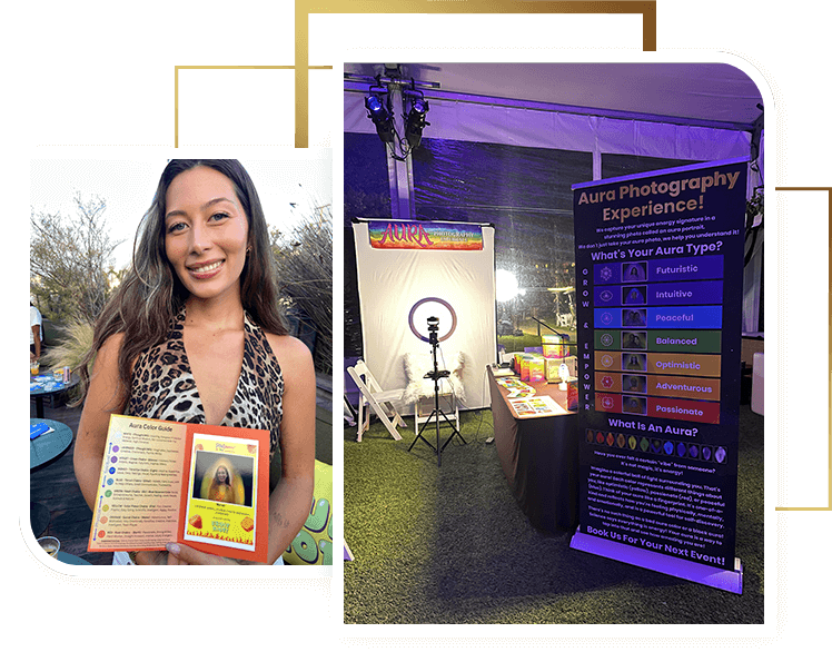 Custom branded aura photo template featuring corporate logo and event hashtag.