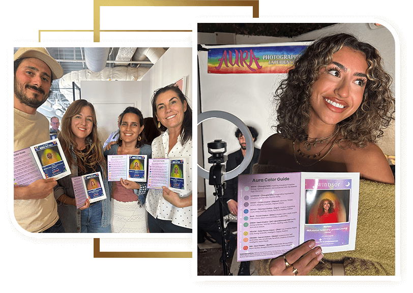 High-quality printed aura photo card with custom brand messaging for a product launch.