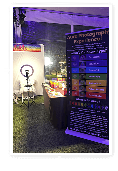 Sleek, professional aura photography station designed for high-end aura photography for events aesthetics.